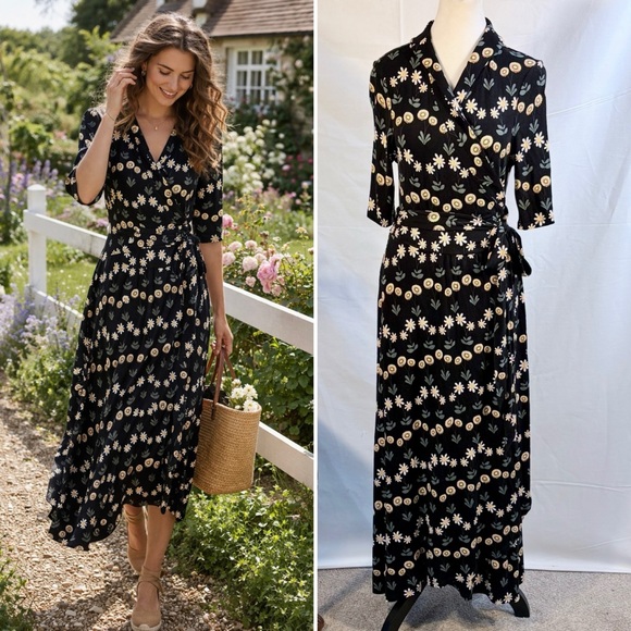 Boden Dresses & Skirts - Boden Lavinia Jersey Floral Wrap Midi Dress Black Daisy Tie Waist Size 10💛